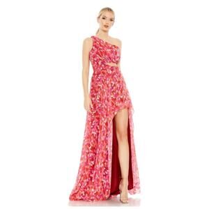 Mac Duggal Printed One-Shoulder Cutout Hi-Low Gown NWT